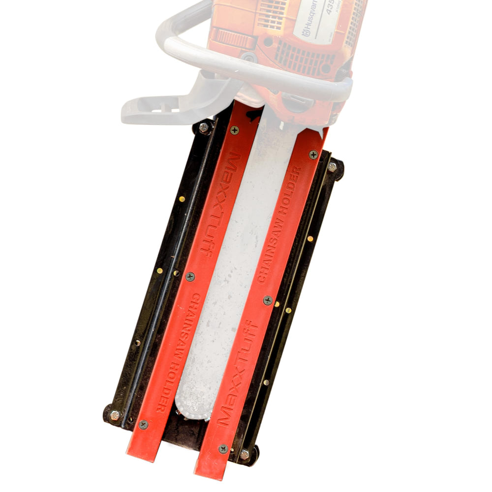 MAXXTUFF front view of ROPS chainsaw holder showing secure cradle and access