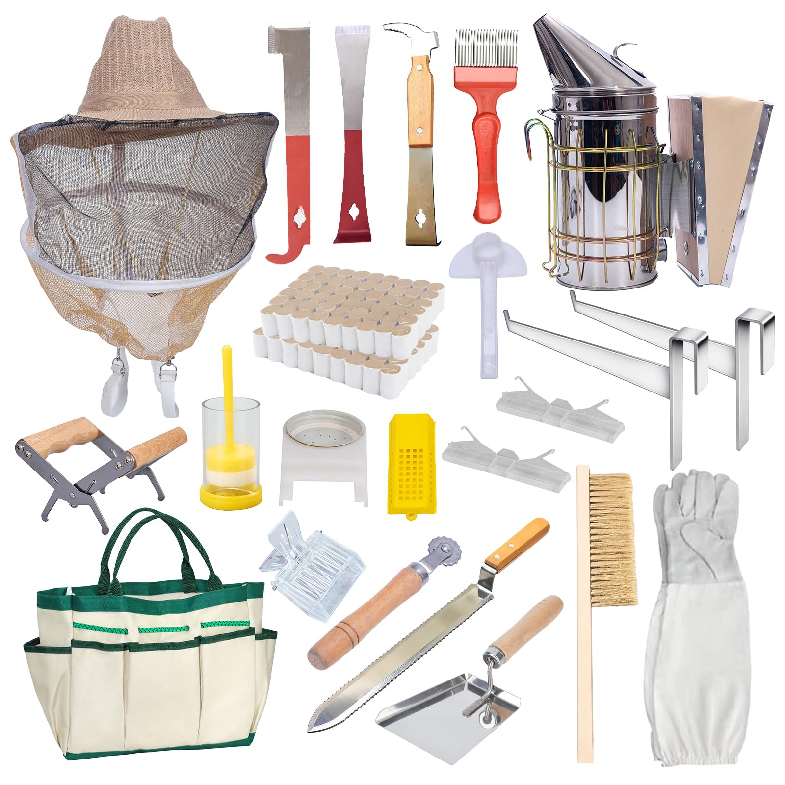 MayBee full beekeeping tools spread including smoker, uncapping knife and hive tool
