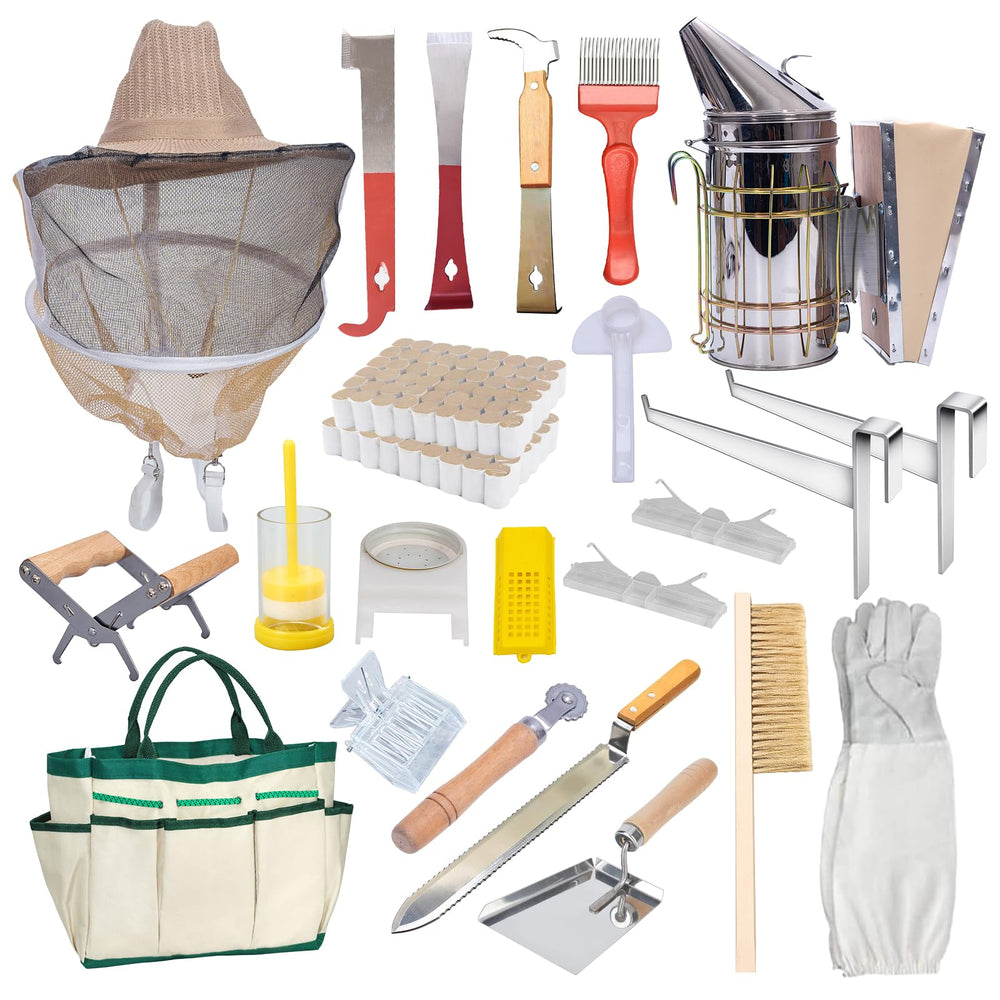MayBee full beekeeping tools spread including smoker, uncapping knife and hive tool