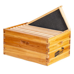 MayBee front view of cedar brood box showing beeswax finish and sturdy fit