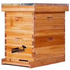 MayBee front view of fully assembled hive showing durable cedar and metal cover for weather protection