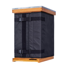 MayBee front view of winter wrap on hive showing weatherproof protection