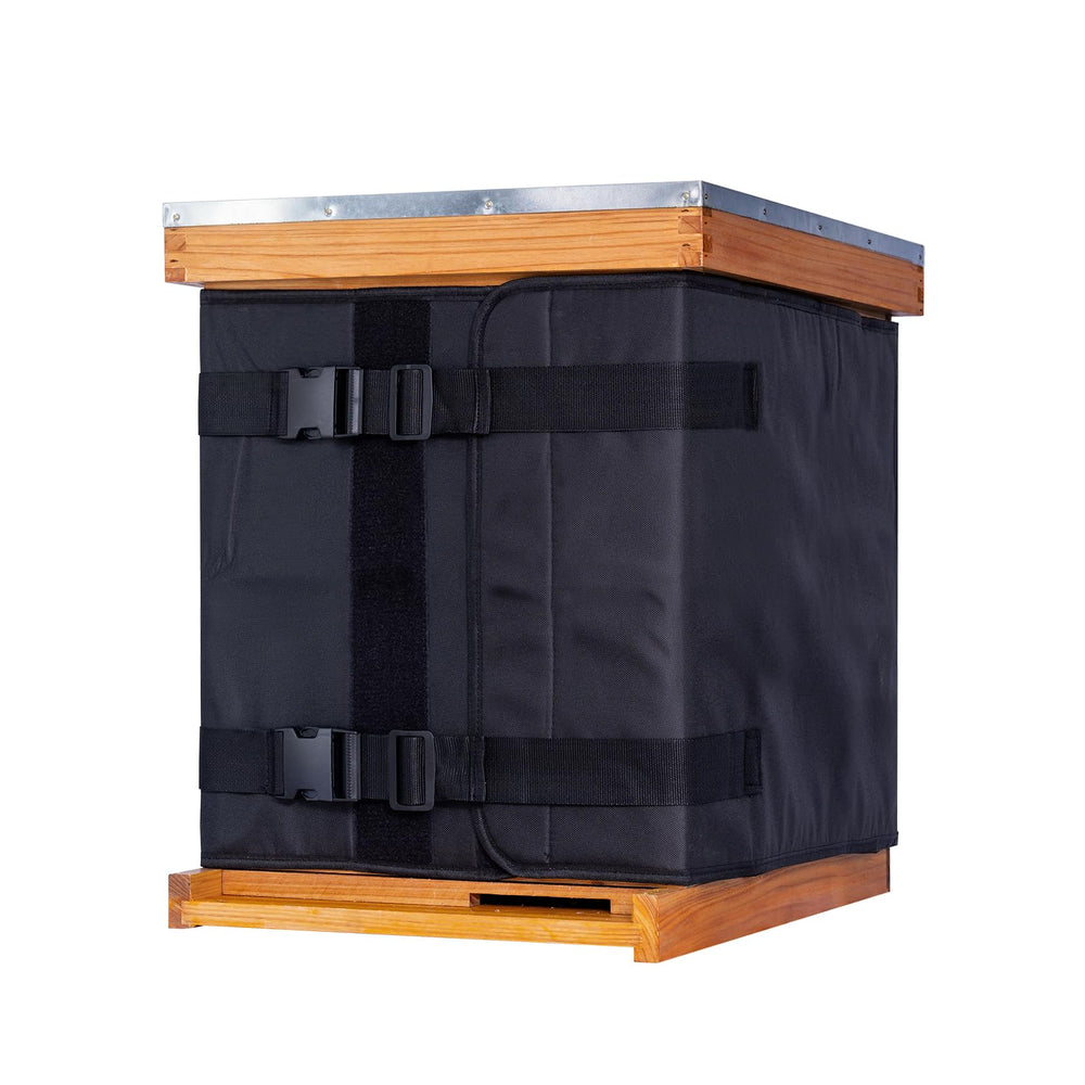 MayBee front view of wrap on two-deep hive showing full coverage and wind protection