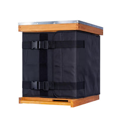 MayBee front view of wrap on two-deep hive showing full coverage and wind protection