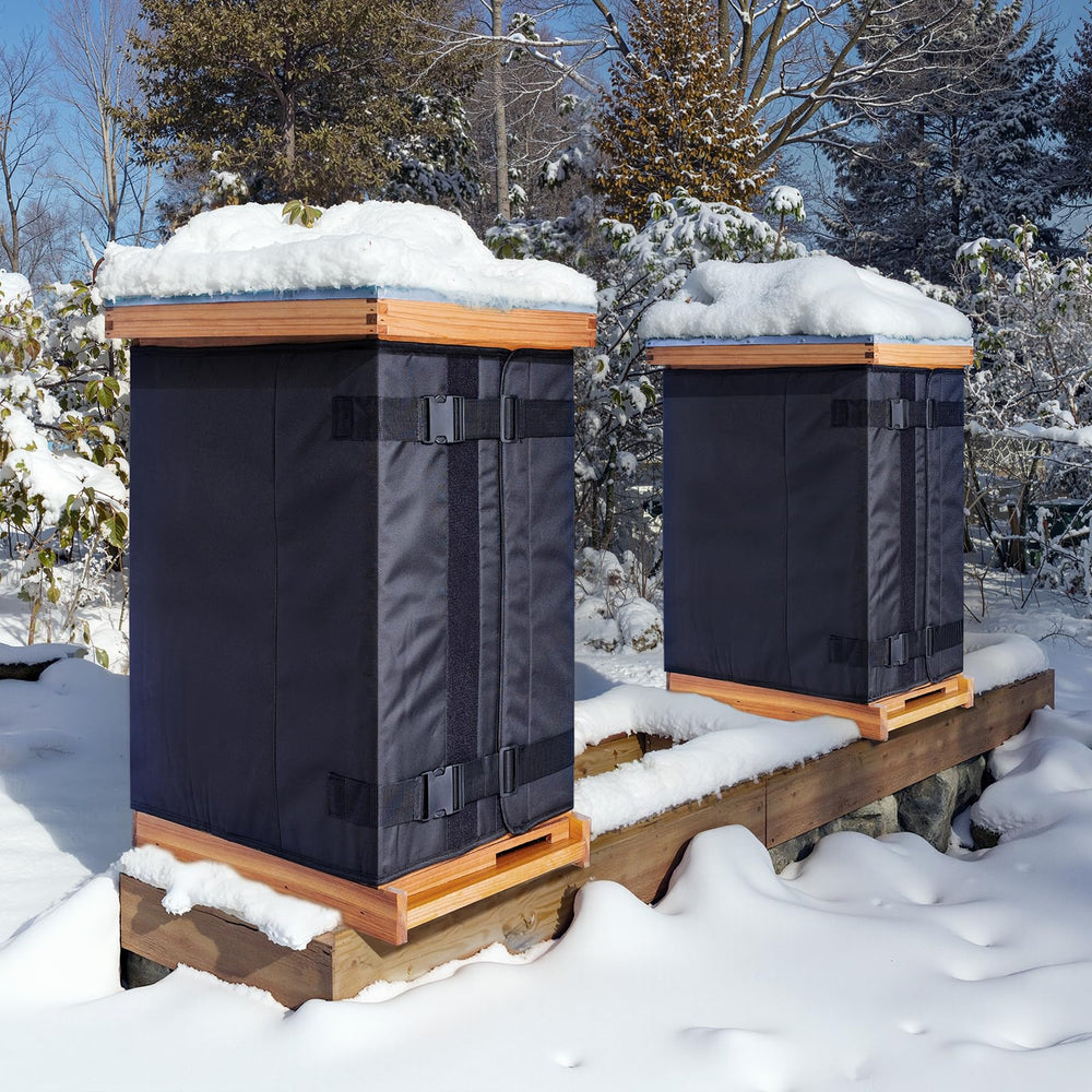 MayBee wrap beside hive boxes showing fit for two deeps plus one medium