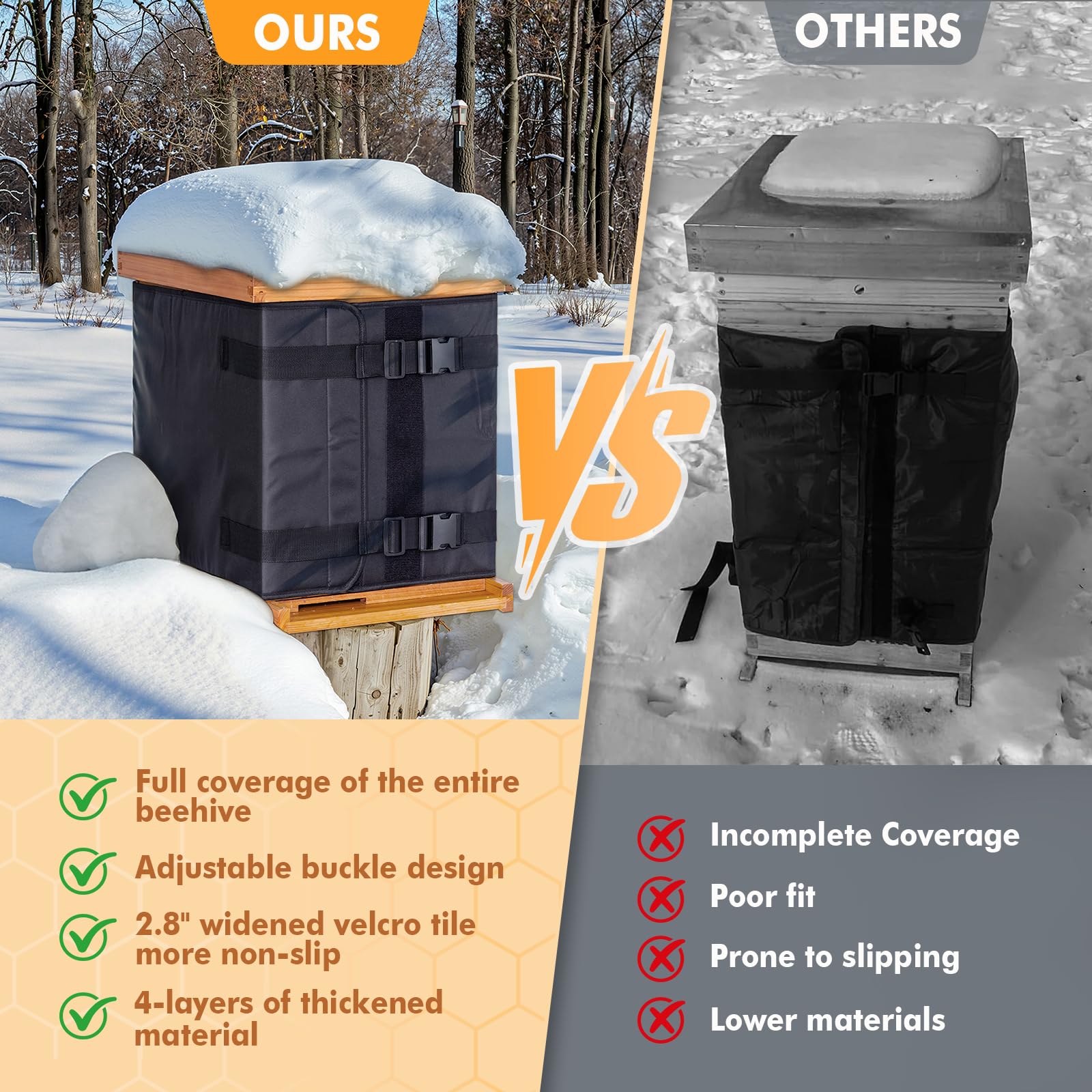MayBee wrap installed on hive in snowy yard demonstrating winter protection