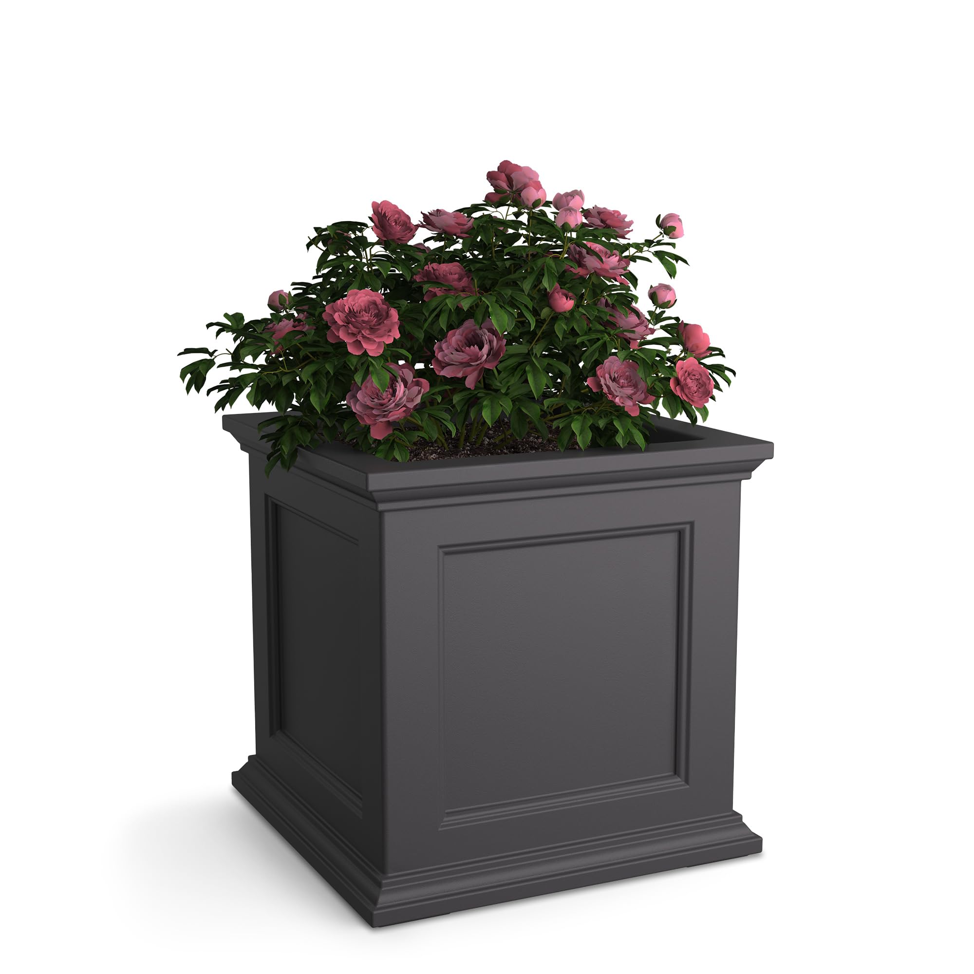 Mayne Fairfield front view of graphite grey planter showing clean lines and modern look, enhances curb appeal
