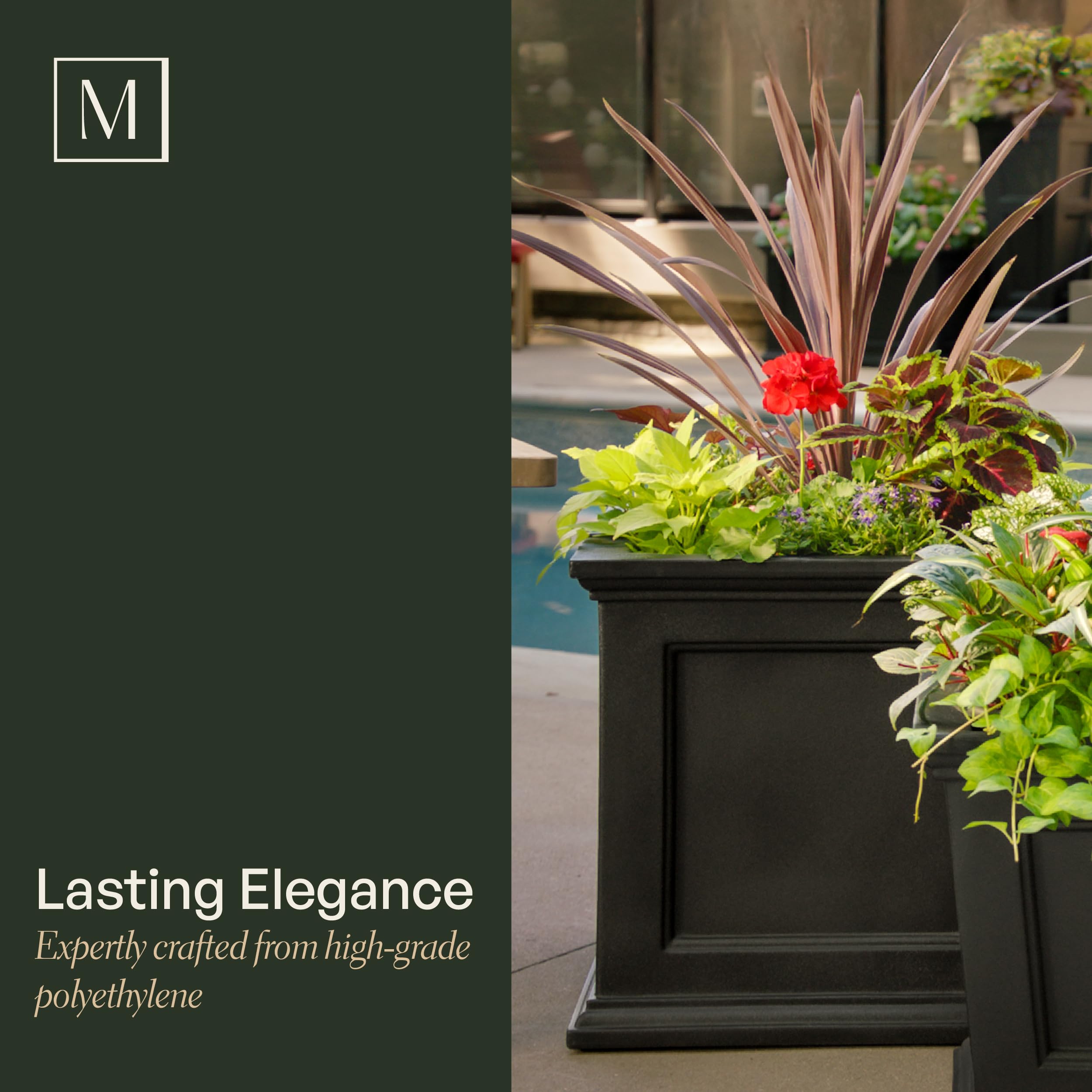 Mayne planter beside chair showing 24in scale and placement benefit