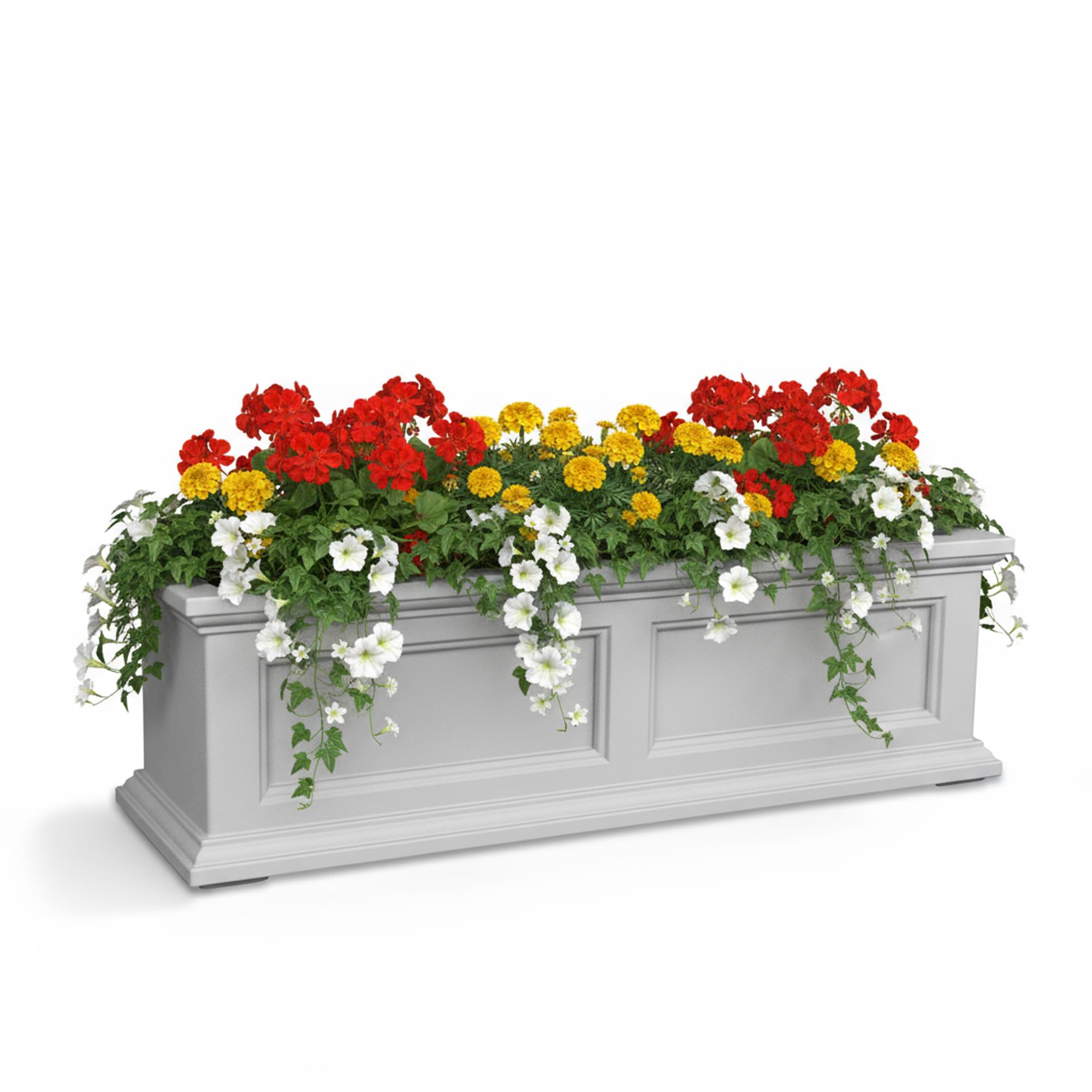 Mayne Fairview front view in white showing classic window box charm