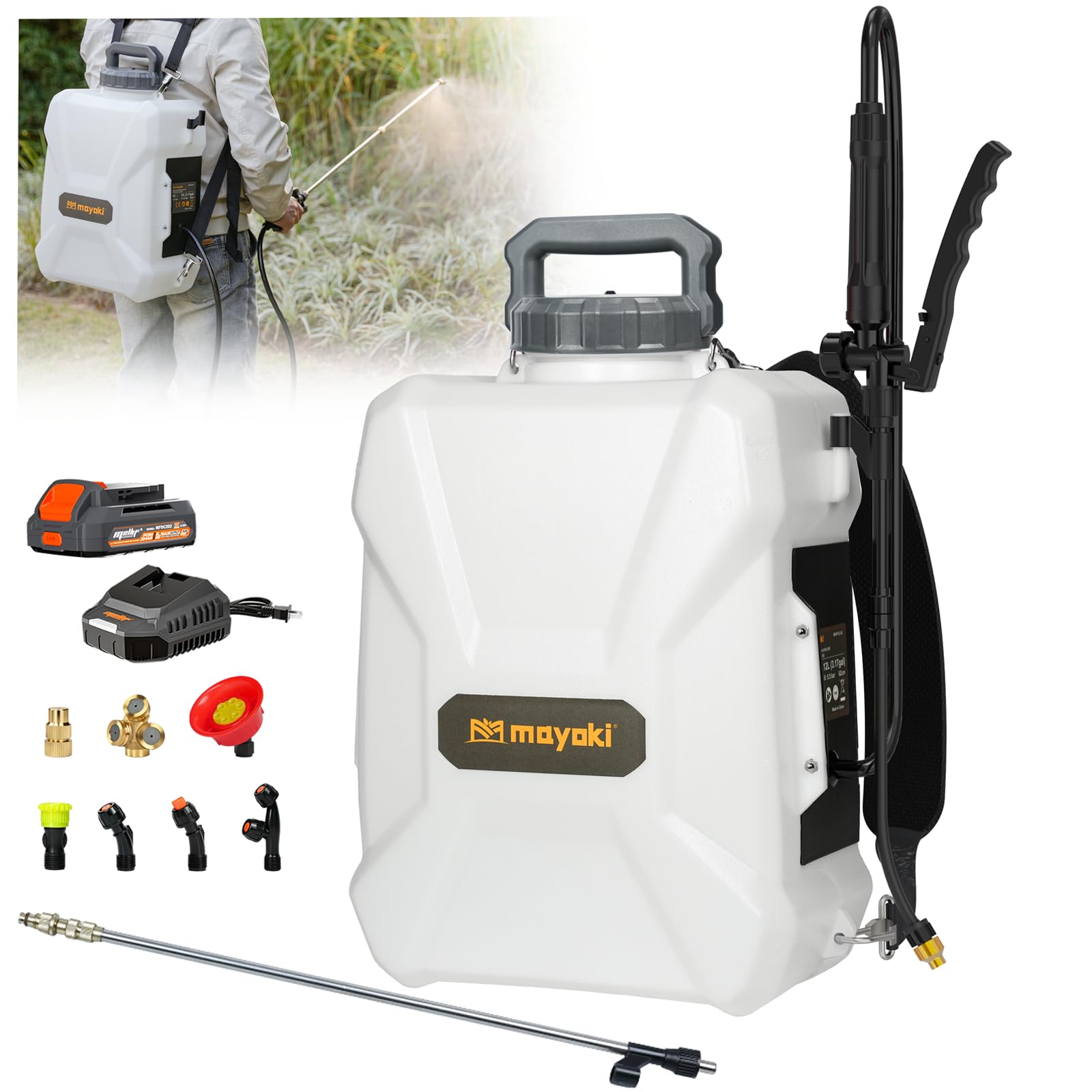 Mayoki front view showing compact sprayer and included battery for efficient use