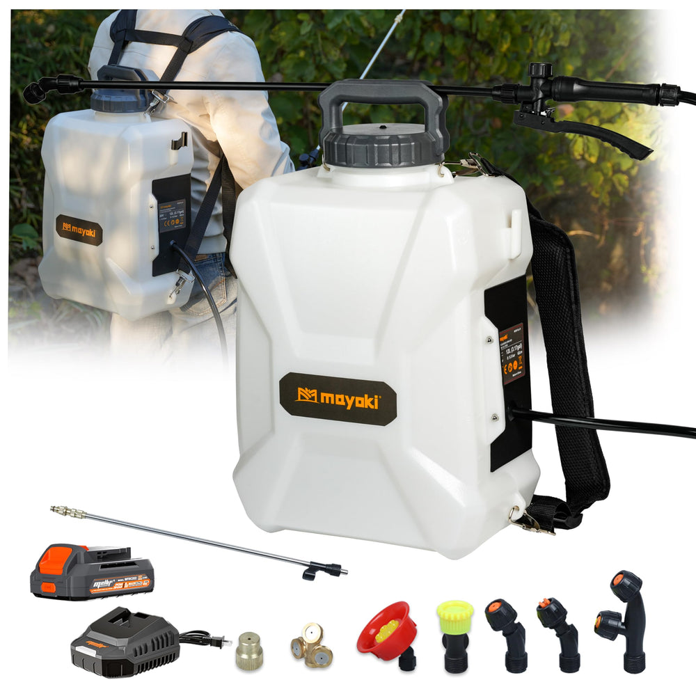 Mayoki front view of backpack sprayer showing compact, cordless design and brand reliability