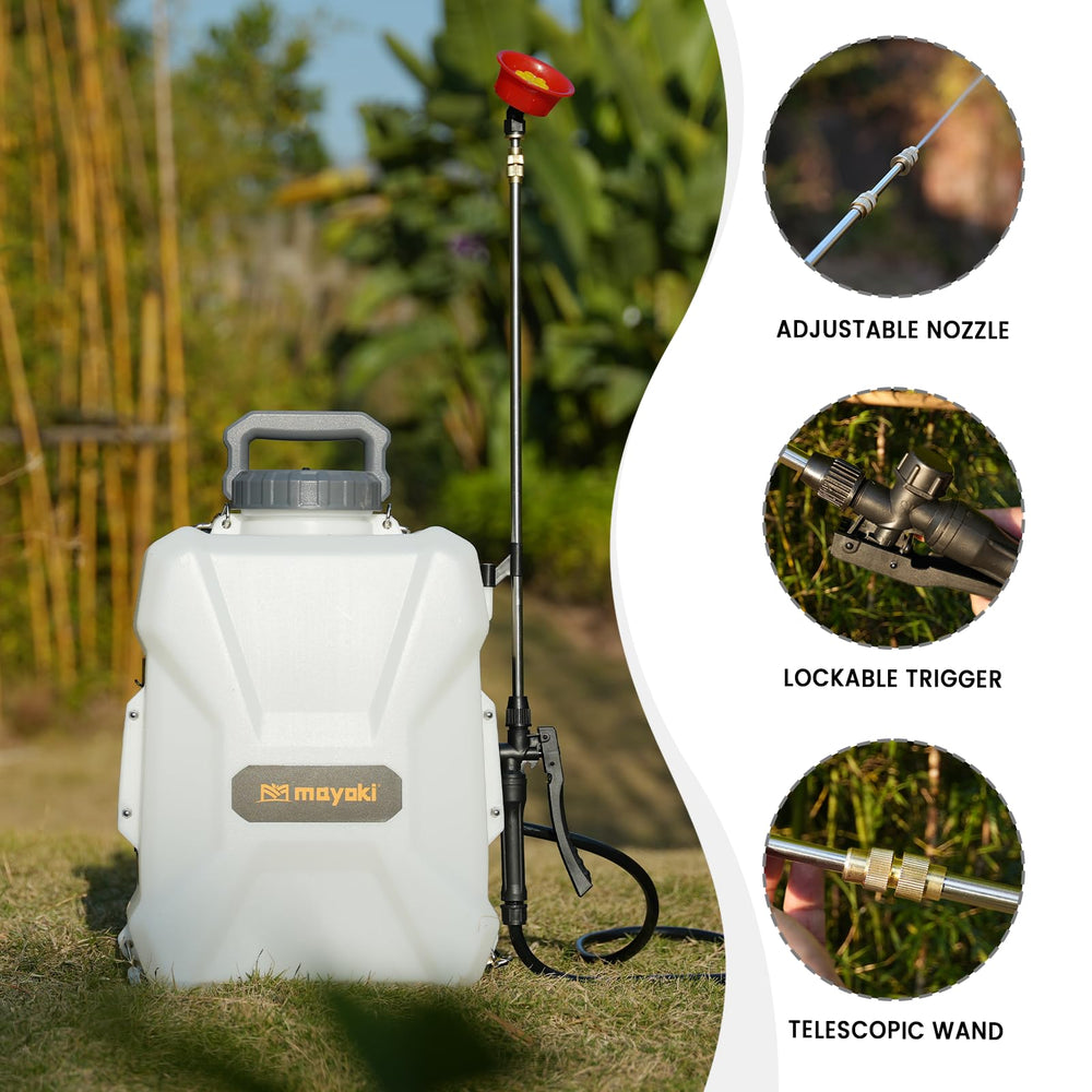 Mayoki sprayer in use on garden beds showing efficient coverage benefit
