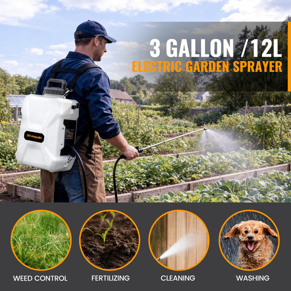 Mayoki sprayer next to a hand for scale showing the portable 3-gallon capacity