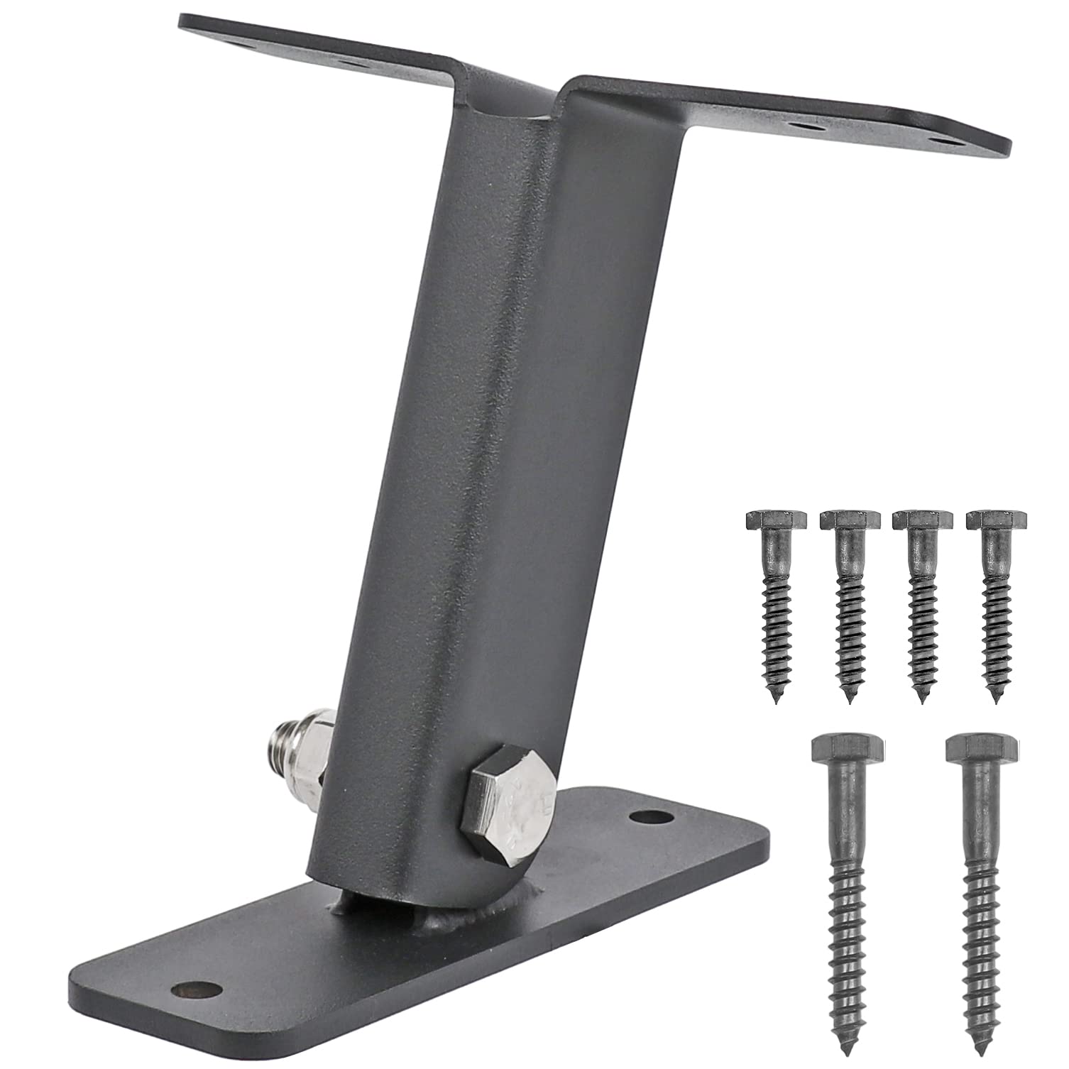 Mayset front view of three black stainless steel pergola riser brackets showing durable finish and compact design