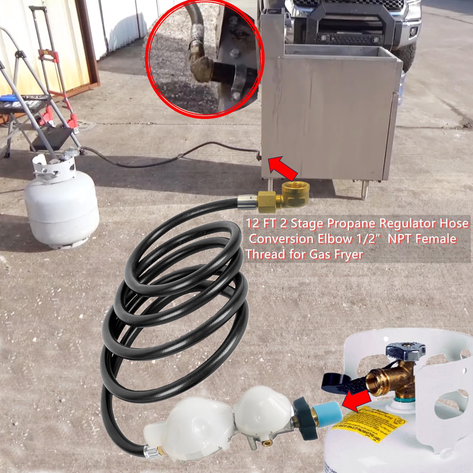 MCAMPAS hose and regulator beside 20lb and 100lb tanks showing compatible scale