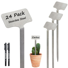 mceus front view pack showing 24 stainless steel plant labels and two pens for durable identification