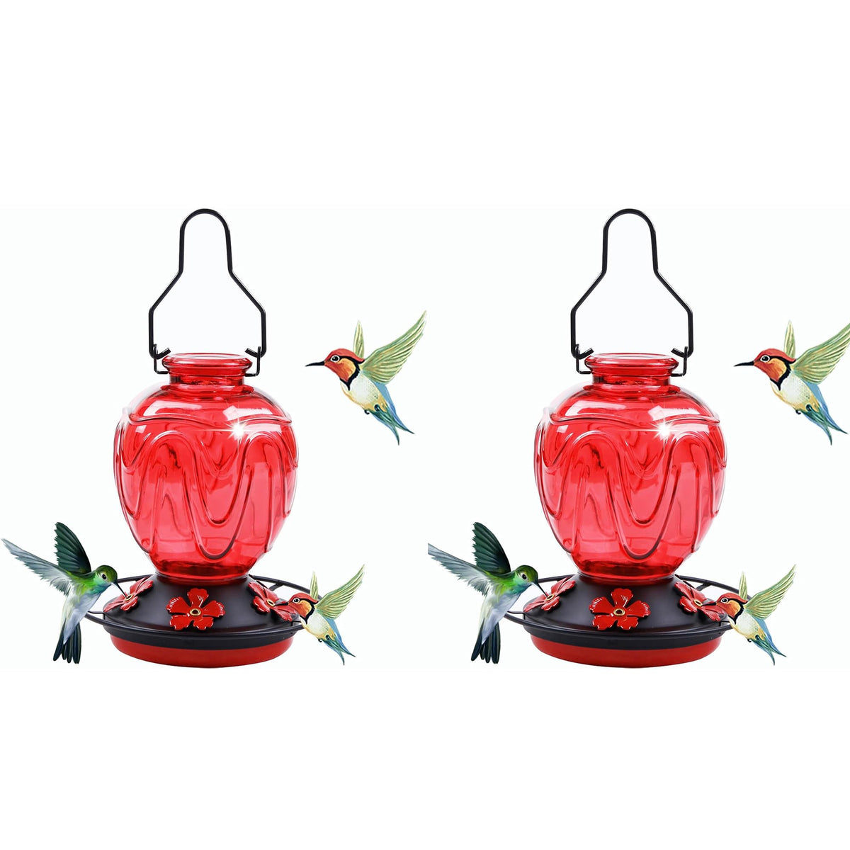 MCHBF front view of red glass feeder showing five ports and perch benefit: attracts birds