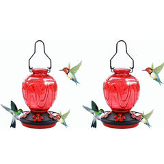 MCHBF front view of red glass feeder showing five ports and perch benefit: attracts birds
