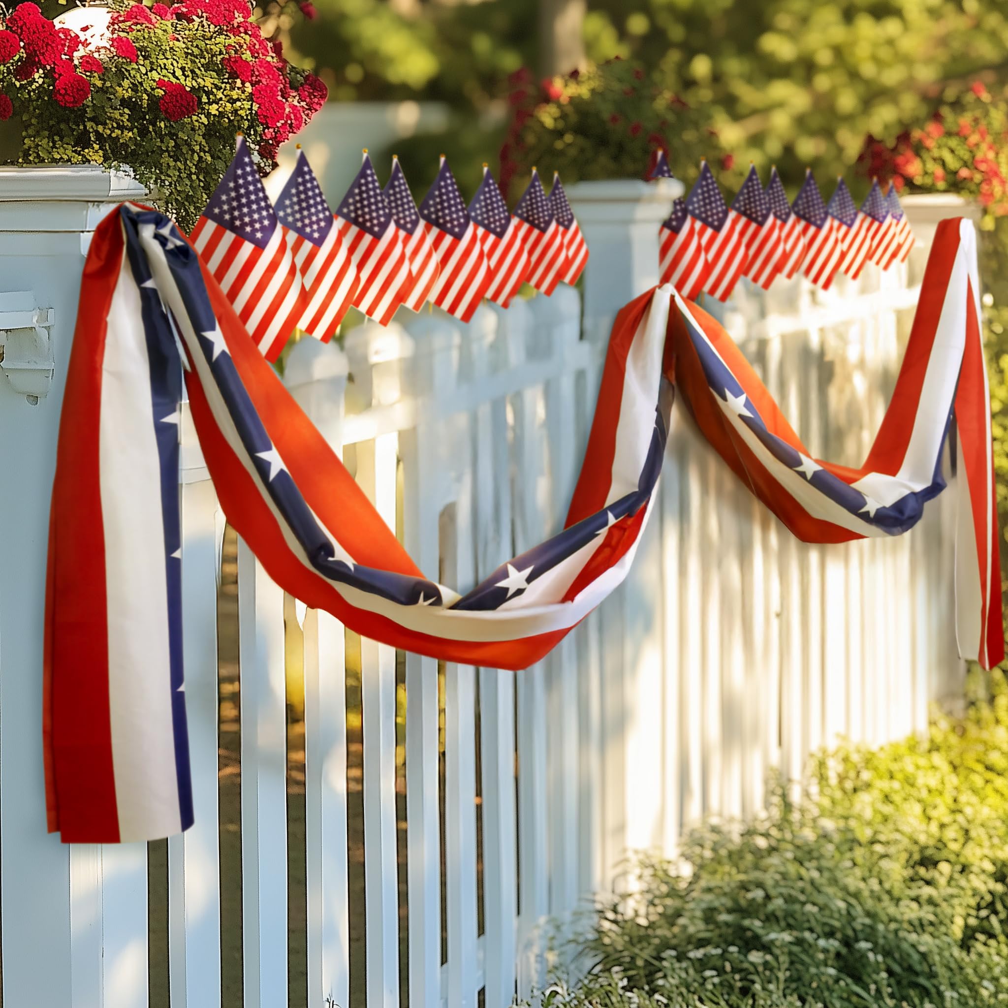 MCJC banner draped on porch railing creating instant patriotic curb appeal