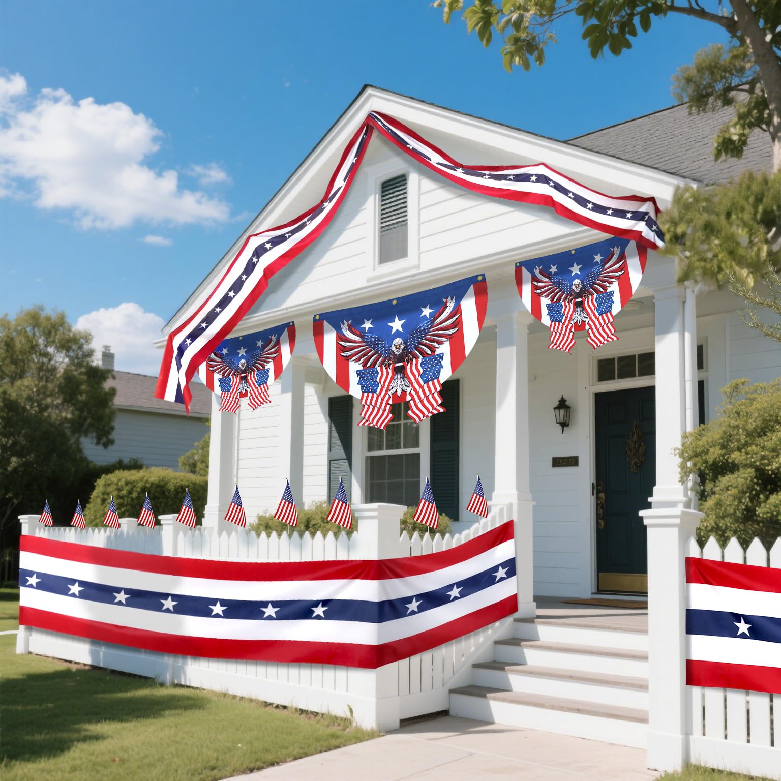 MCJC bunting draped on a porch railing adding instant festive atmosphere