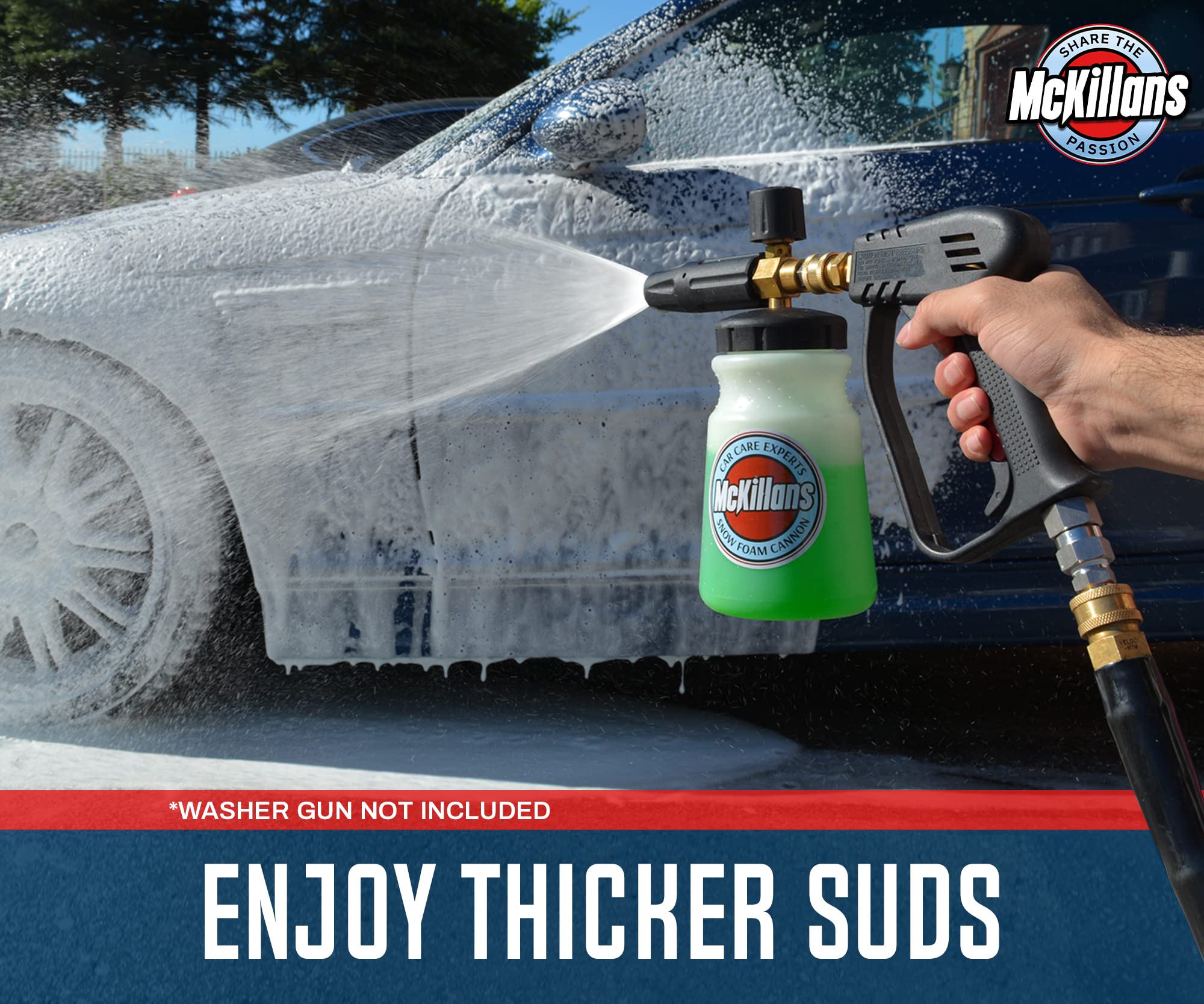 McKillans cannon spraying thick foam on a sedan for improved dirt lift