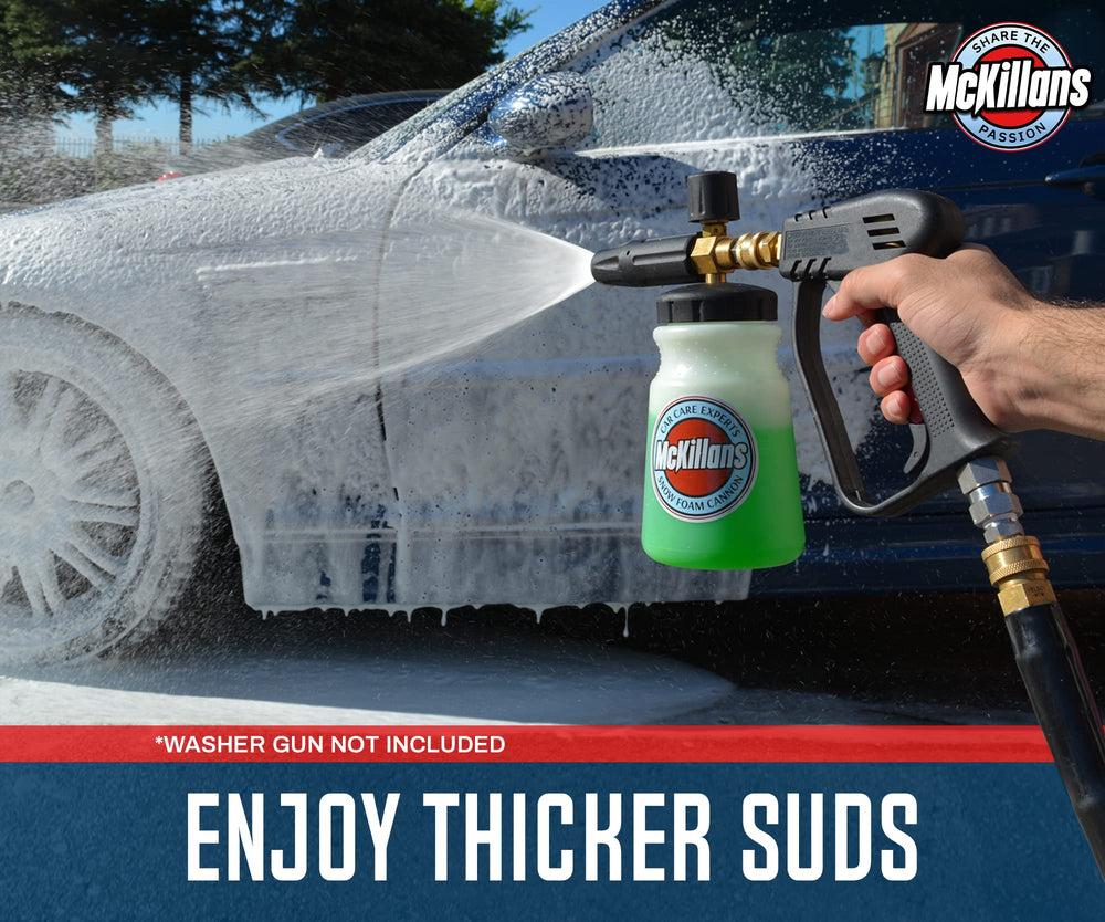 McKillans cannon spraying thick foam on a sedan for improved dirt lift