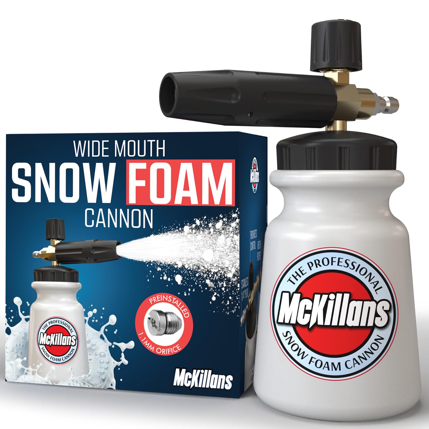 McKillans foam cannon laid out with connector and bottle demonstrating included parts