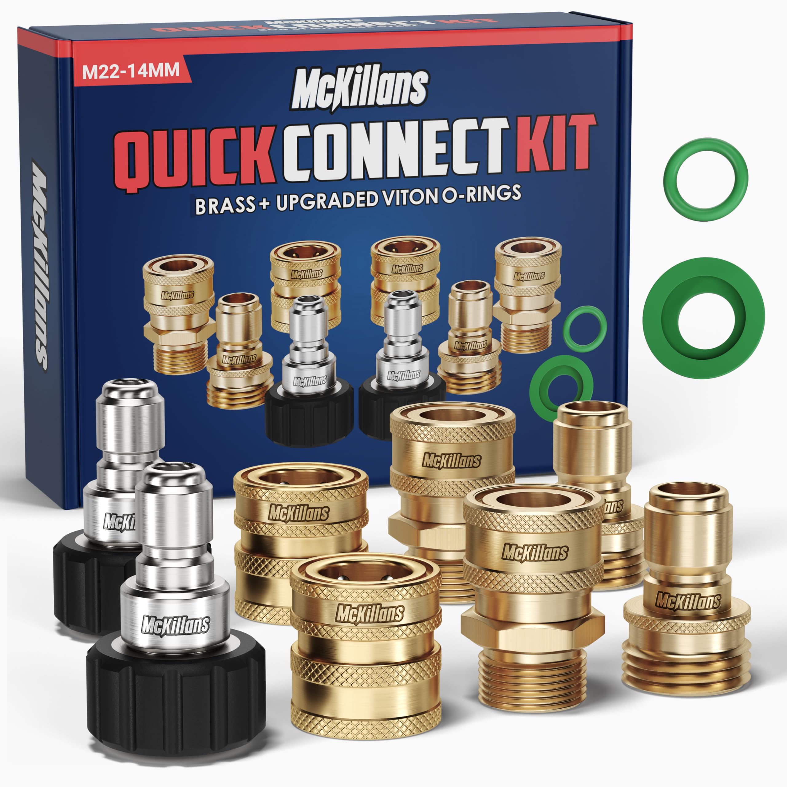 McKillans front packaging assembly showing included brass adapters and connectors for quick installation