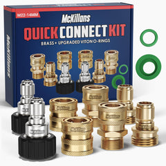 McKillans front packaging assembly showing included brass adapters and connectors for quick installation