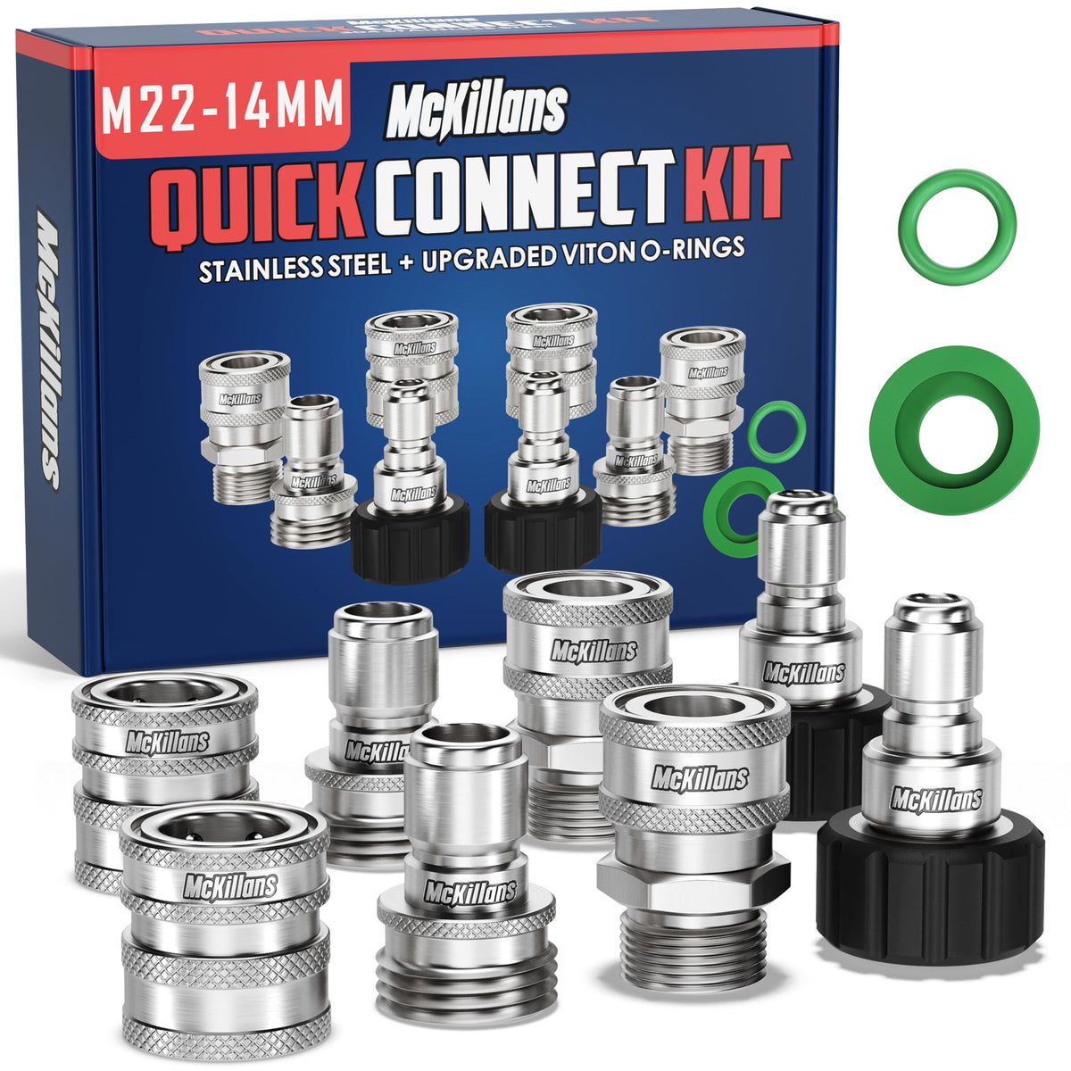 McKillans front packaging showing full stainless quick connect kit benefits