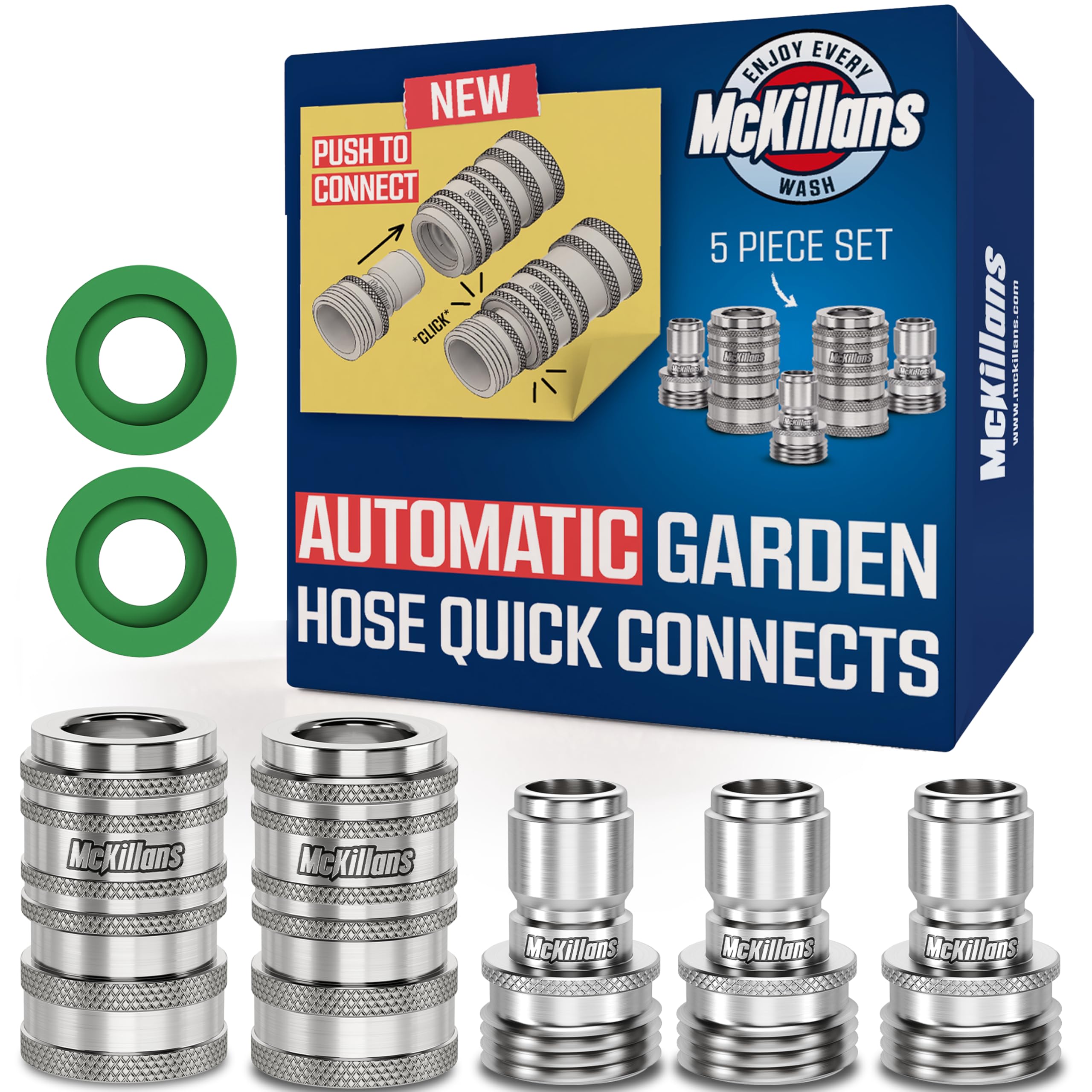 McKillans front view of kit showing stainless steel quick connect set and benefits