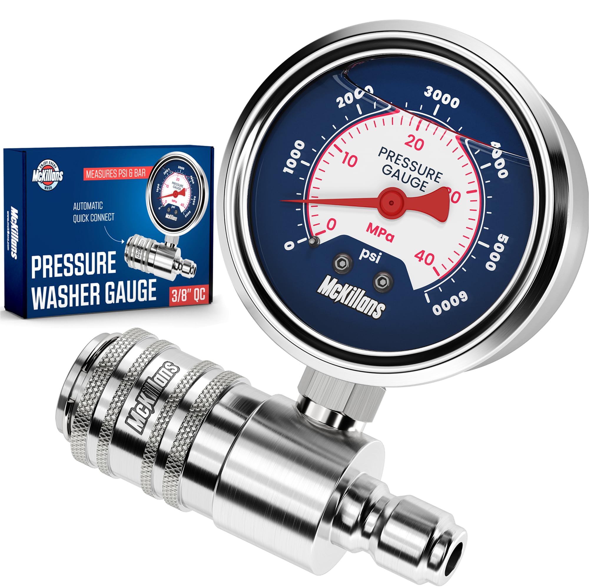 McKillans front view of gauge showing full dial and quick-connect for easy monitoring