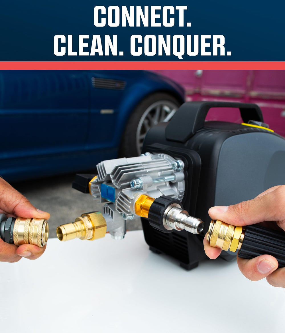 McKillans garden hose adapter attached enabling easy transition between hose and washer accessories