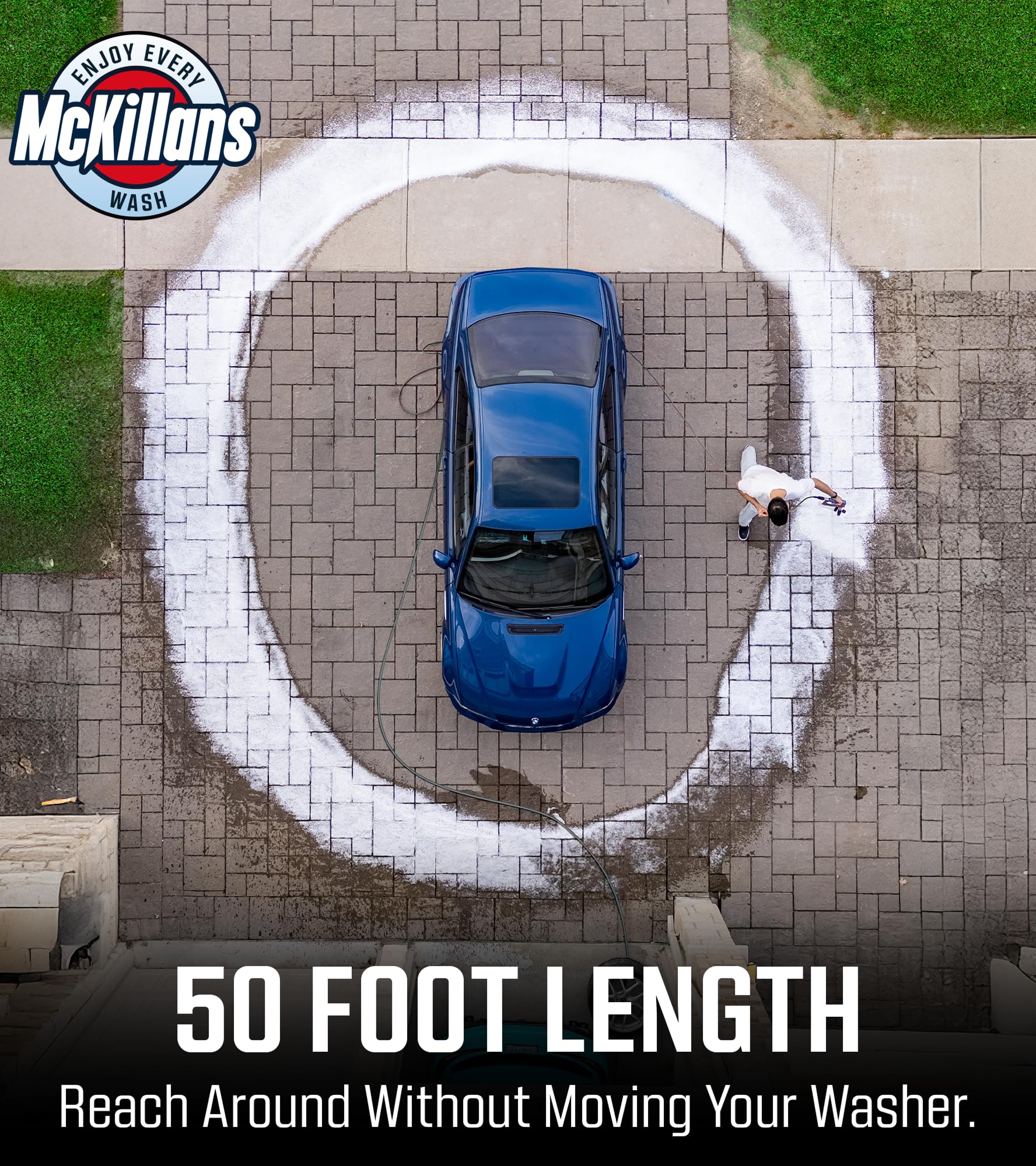 McKillans hose laid out next to measuring tape showing 50 ft reach for wide coverage