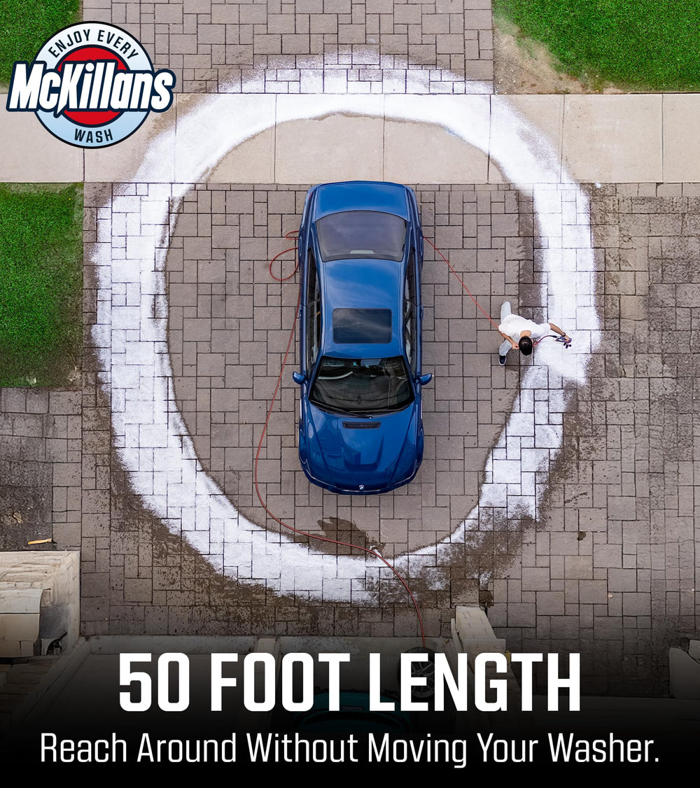 McKillans uncoiled hose beside tape measure showing 50 ft coverage benefit