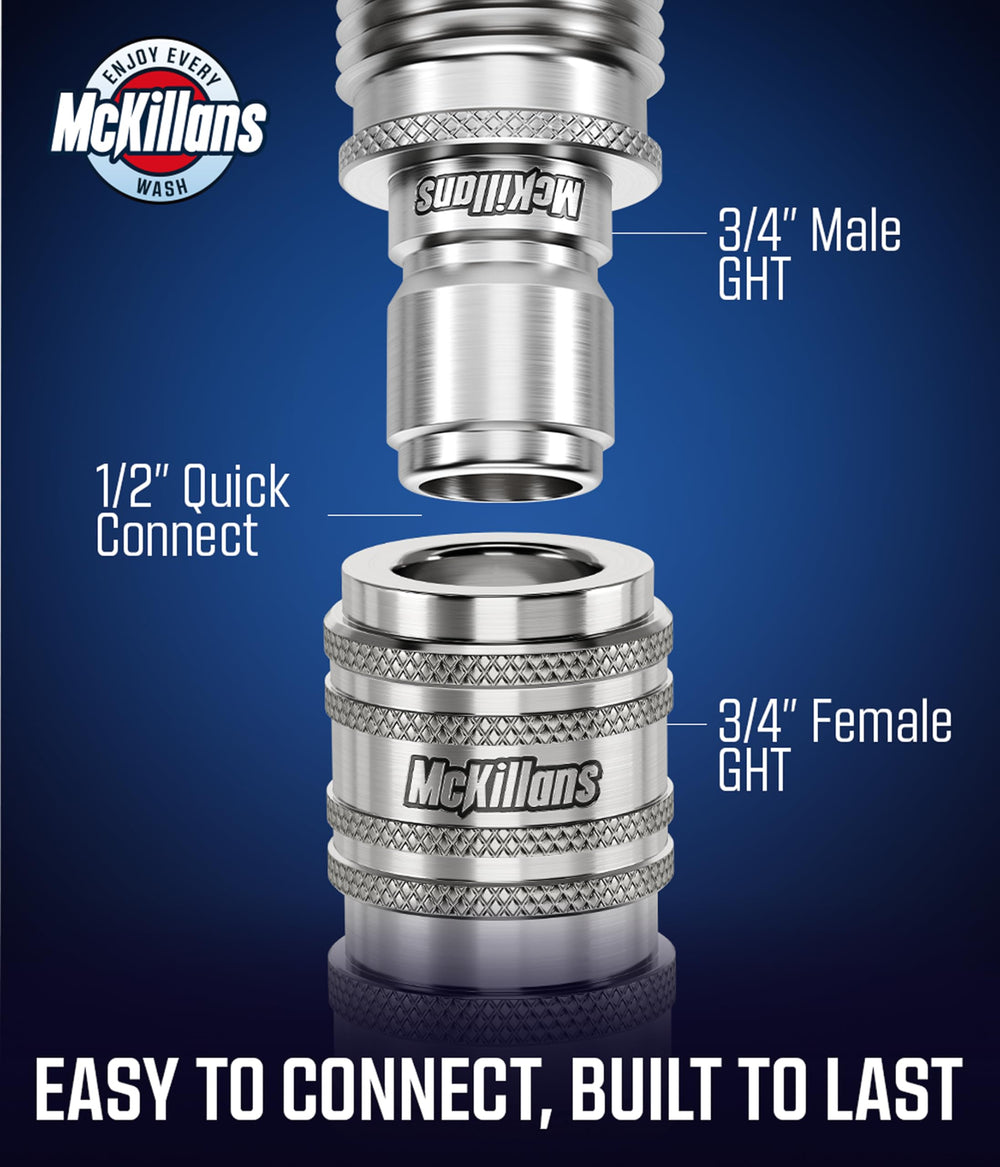 McKillans installed on garden hose in yard showing convenient tool swaps