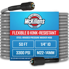 McKillans hose front view showing full 50 ft length and rugged braided jacket benefit reach