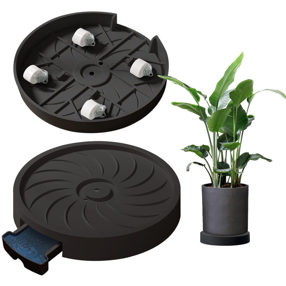 MCleanPin front view of two black plant caddies showing sturdy design and neat profile