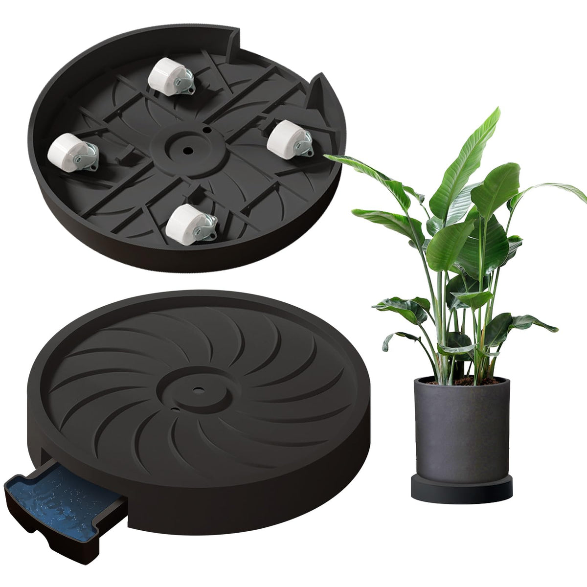 MCleanPin front view of two black plant caddies showing sturdy design and neat profile