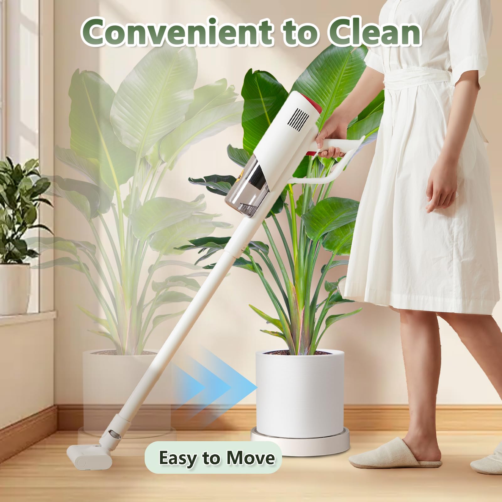 MCleanPin plant caddy in living room making it easy to reposition heavy pots