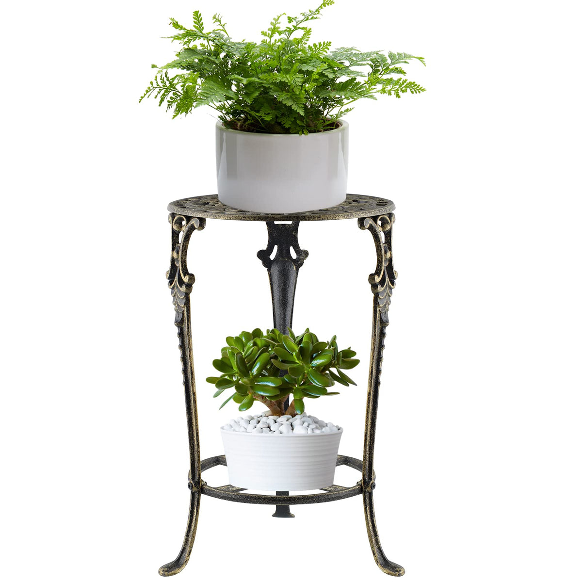 MDLUU front view of 2-tier cast iron plant stand showing elegant bronze finish and stability