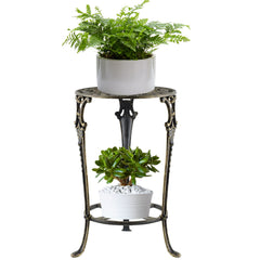 MDLUU front view of 2-tier cast iron plant stand showing elegant bronze finish and stability