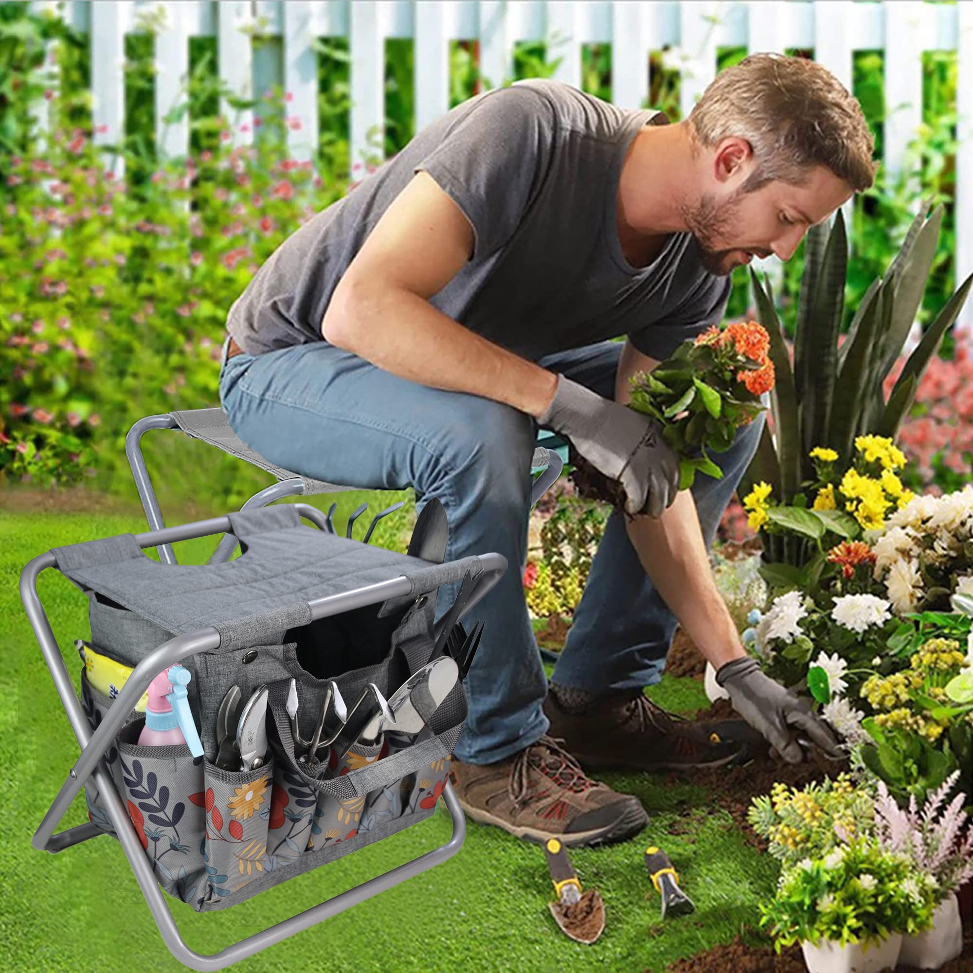 MDSTOP stool placed in garden while user kneels, reduces strain