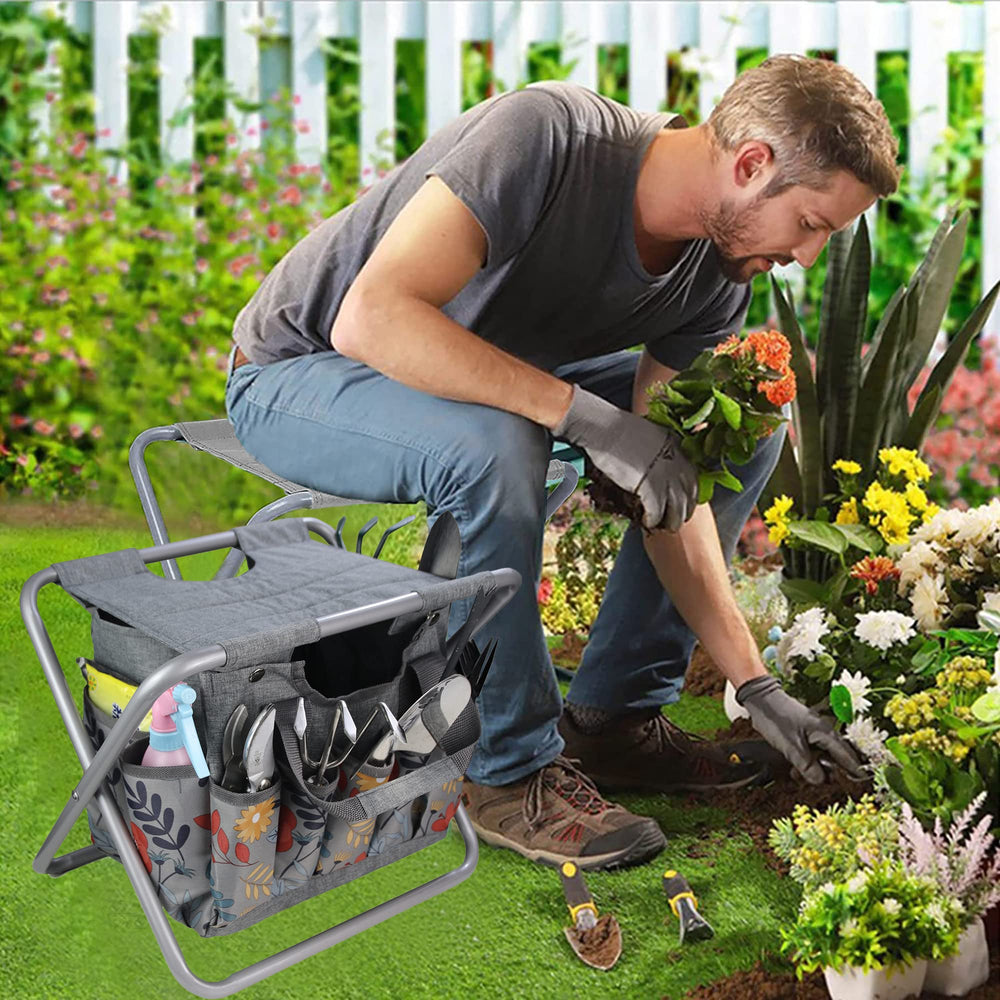 MDSTOP stool placed in garden while user kneels, reduces strain