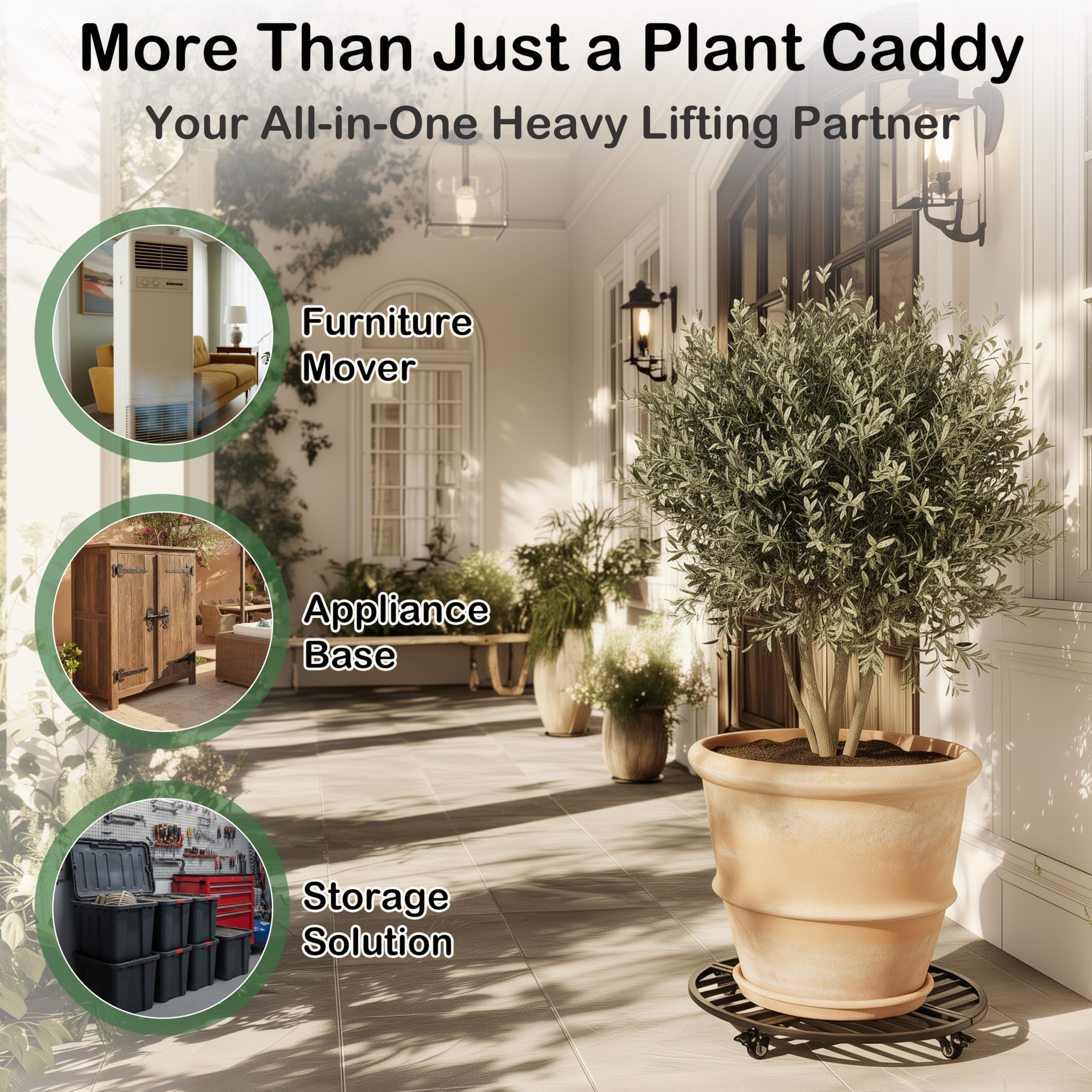 MEADOMINGLE caddy beside a standard large pot showing scale and easy placement advantage