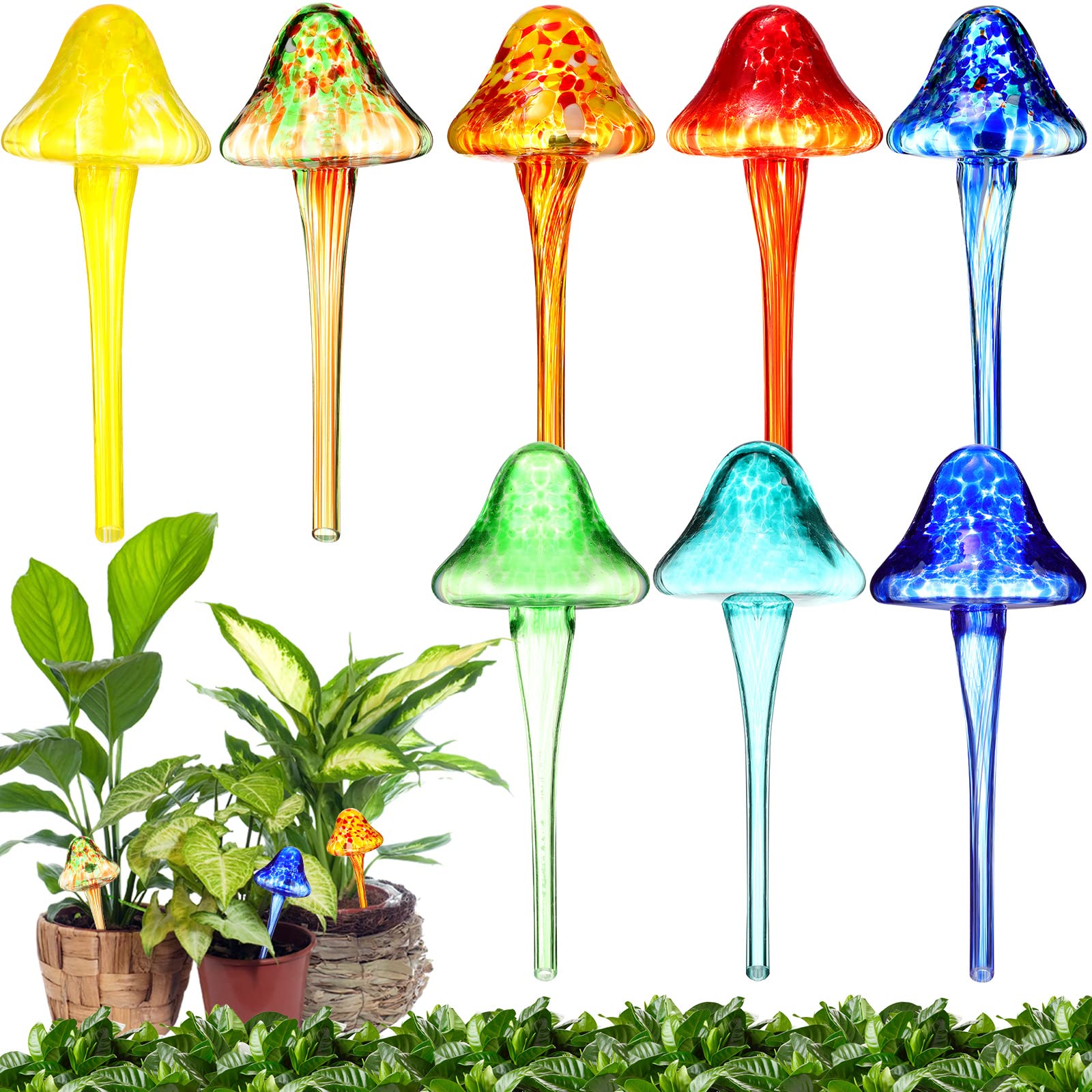 Meanplan front view of eight colorful mushroom watering globes showing design and colors, decorative benefit