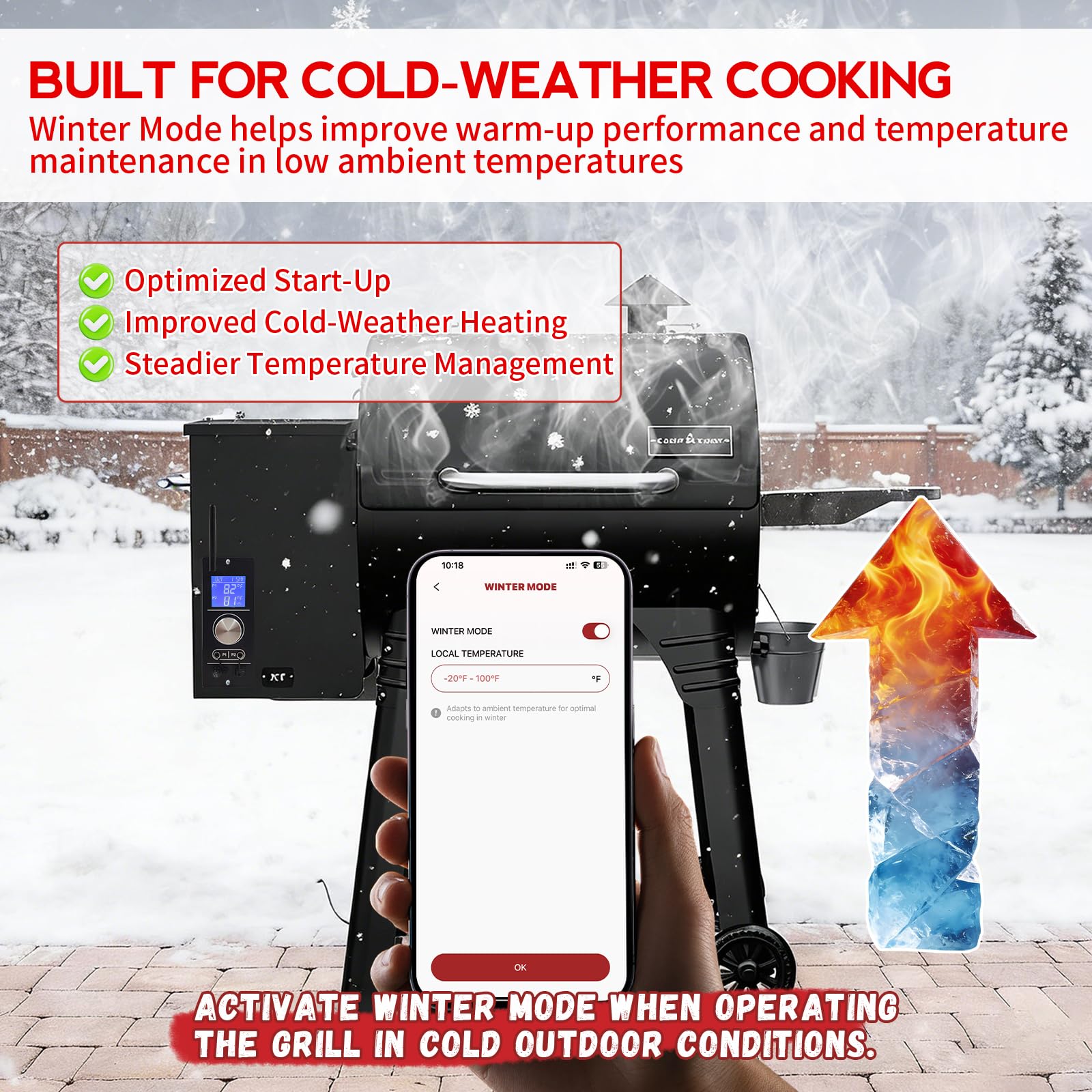 Meatender winter mode icon illuminated for faster heat-up in cold weather