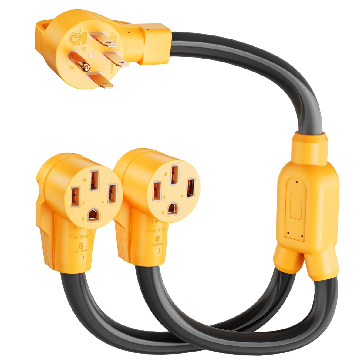 MECMO front view of 14-50 Y splitter showing dual outlets for shared power