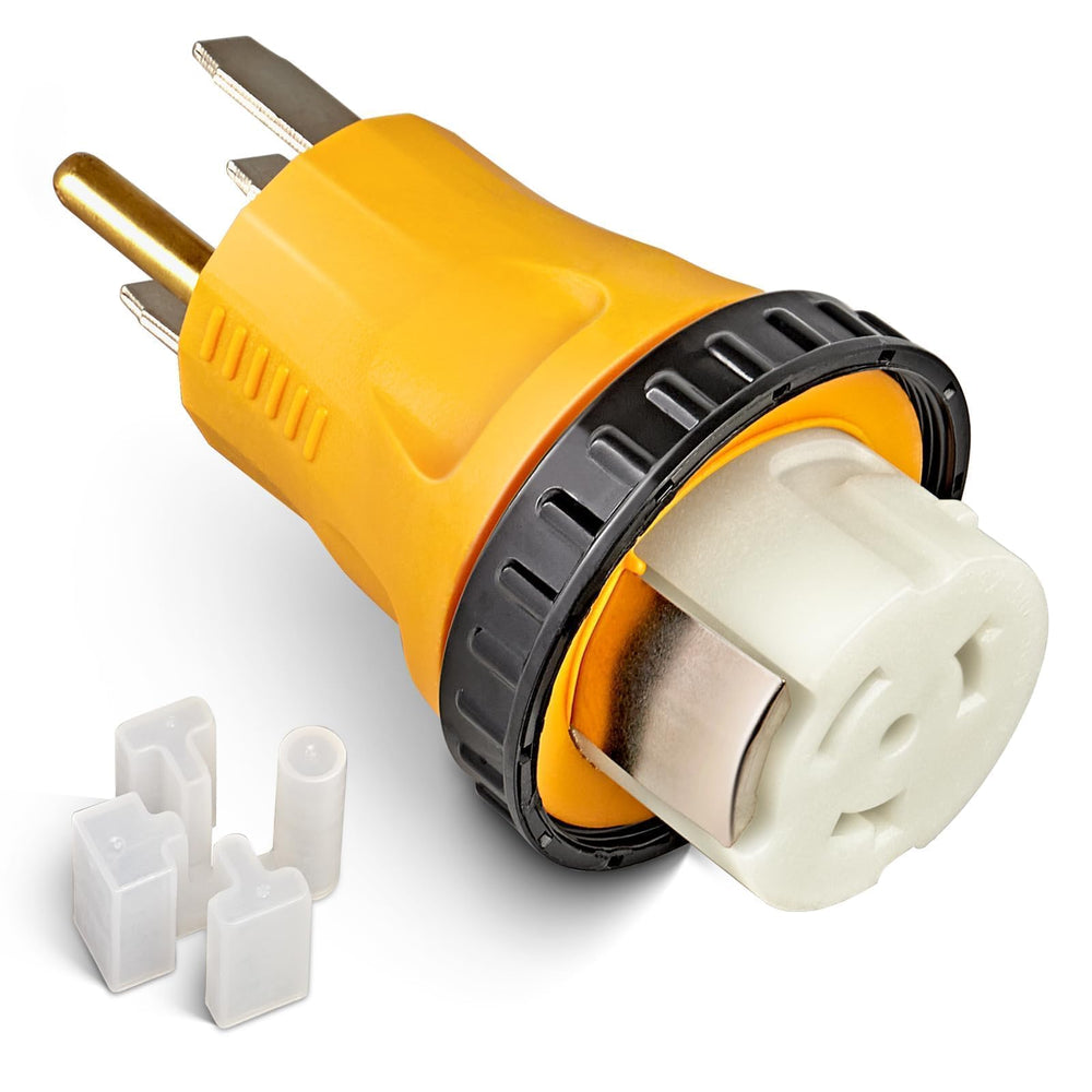 MECMO adapter front view showing both 14-50P and SS2-50R ends for secure connections