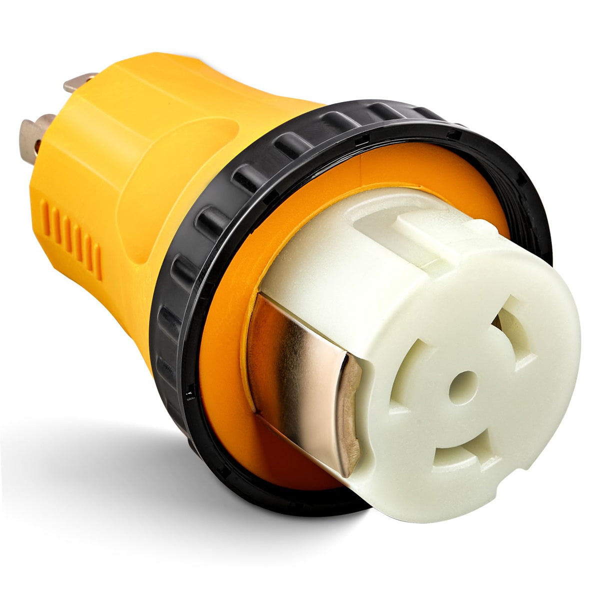 MECMO front view of adapter showing both L14-30P and SS2-50R connectors for easy hookup